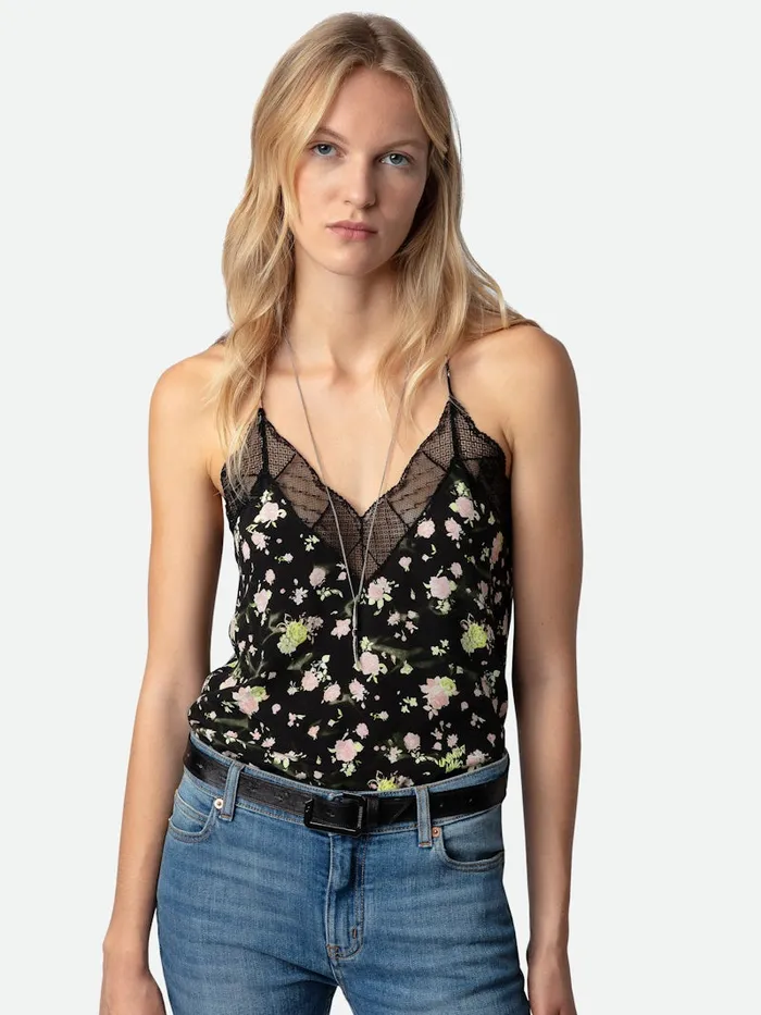 Women Zadig and Voltaire Tops and Shirts Christy Soft Crinkle Roses Camisole Black