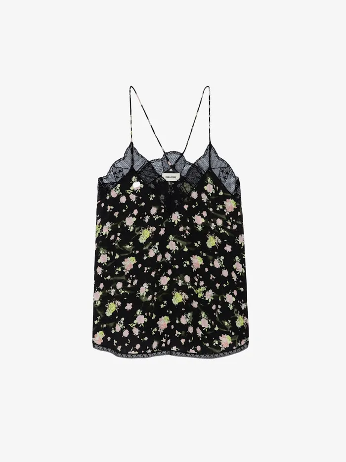 Women Zadig and Voltaire Tops and Shirts Christy Soft Crinkle Roses Camisole Black