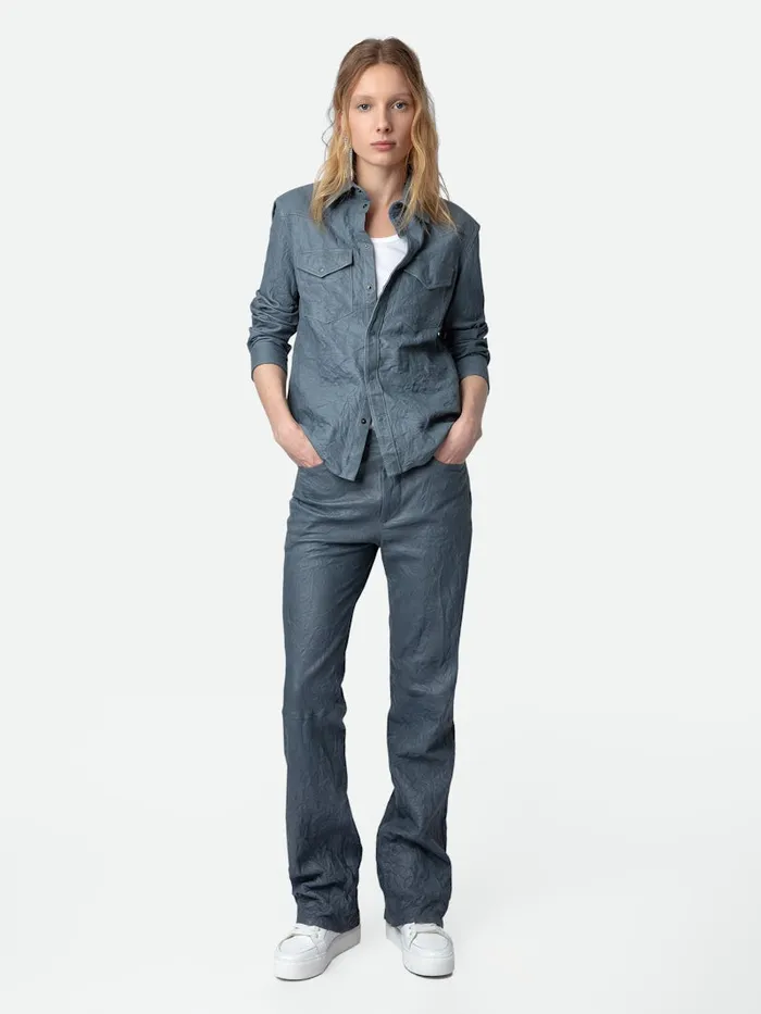 Women Zadig and Voltaire Tops and Shirts Thelma Crinkled Leather Shirt Light Blue