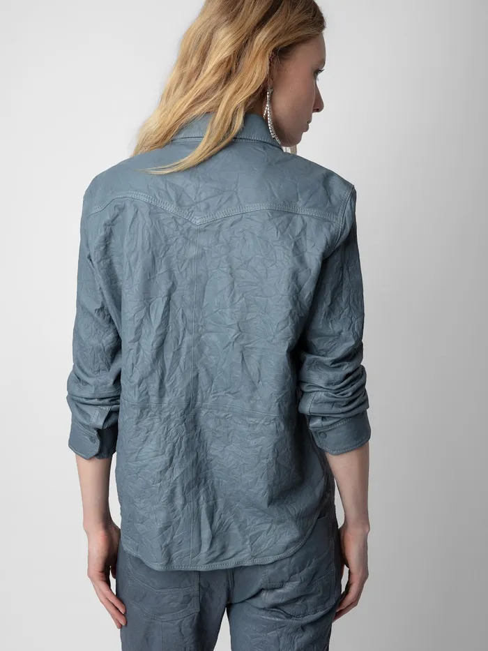 Women Zadig and Voltaire Tops and Shirts Thelma Crinkled Leather Shirt Light Blue