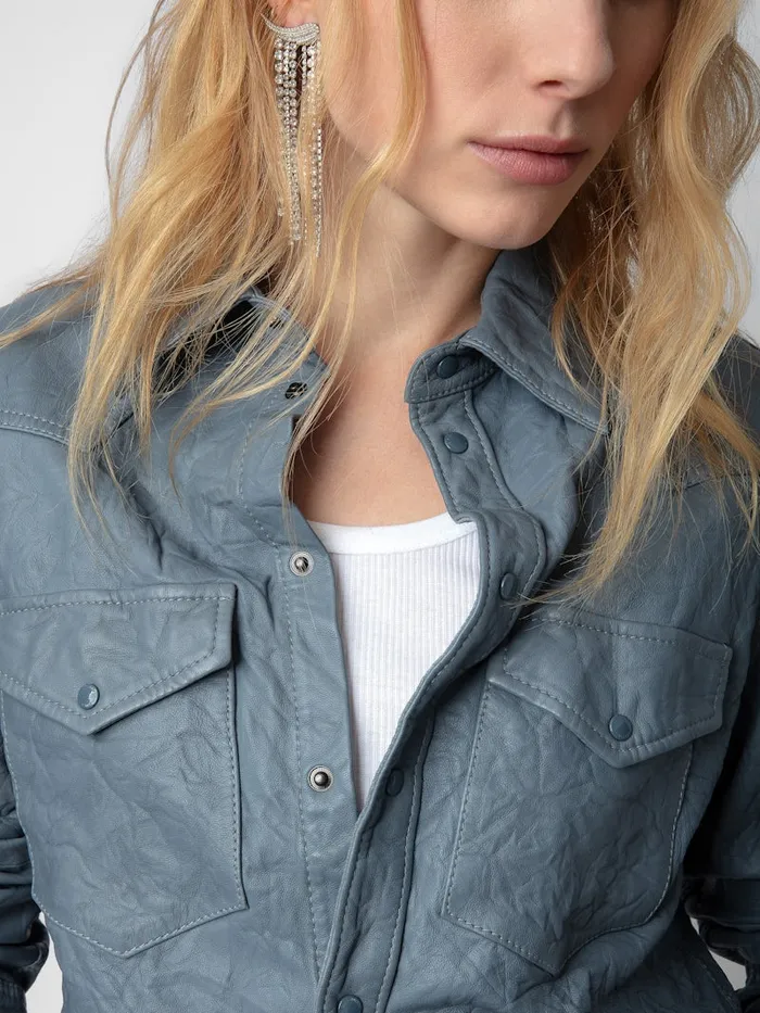 Women Zadig and Voltaire Tops and Shirts Thelma Crinkled Leather Shirt Light Blue