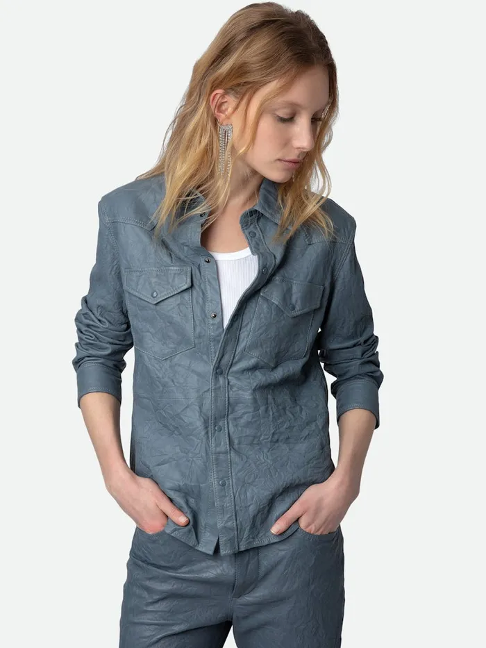 Women Zadig and Voltaire Tops and Shirts Thelma Crinkled Leather Shirt Light Blue