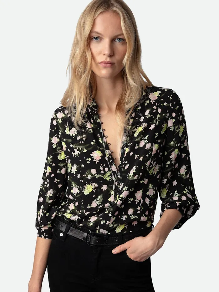 Women Zadig and Voltaire Tops and Shirts Twina Soft Crinkle Roses Shirt Black