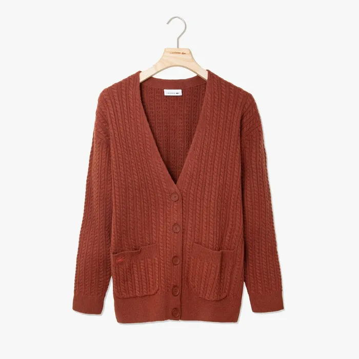 Wool And Cashmere Blend Cable Knit Cardigan Brown Womens Lacoste Sweaters and Sweatshirts Gift for Friend