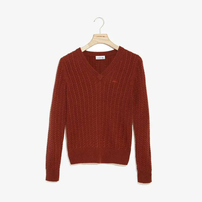 Wool And Cashmere Blend Cable Knit Sweater Brown Womens Lacoste Sweaters and Sweatshirts Outlet
