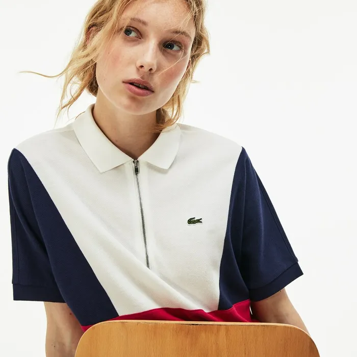 Zip Neck Colorblock Terrycloth Piqu Polo WhiteNavy BlueRed Womens Lacoste Polos Gift Ideas