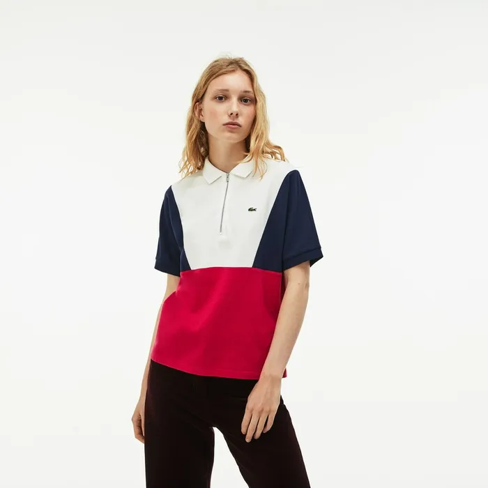Zip Neck Colorblock Terrycloth Piqu Polo WhiteNavy BlueRed Womens Lacoste Polos Gift Ideas
