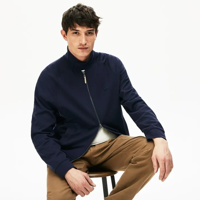 Zippered Solid Sweatshirt Navy BlueKhaki Green Mens Lacoste Sweatshirts USA