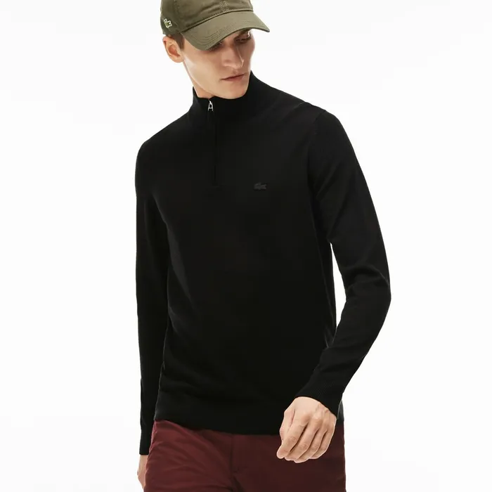 Zippered StandUp Collar Wool Jersey Sweater Black Mens Lacoste Sweaters Casaul Zippered StandUp Collar Wool Jersey Sweater Black Mens Lacoste Sweaters Casaul