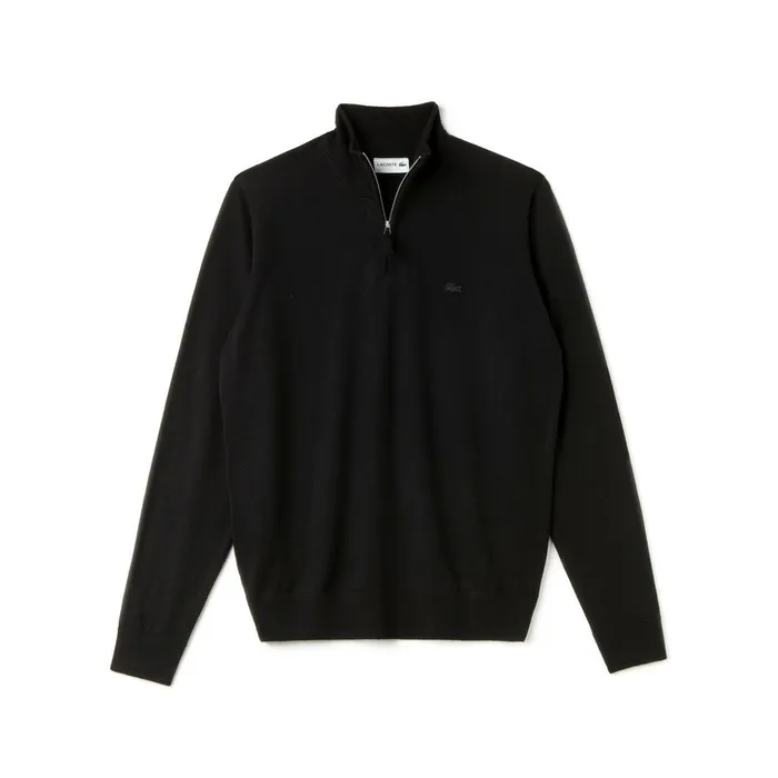 Zippered StandUp Collar Wool Jersey Sweater Black Mens Lacoste Sweaters Casaul